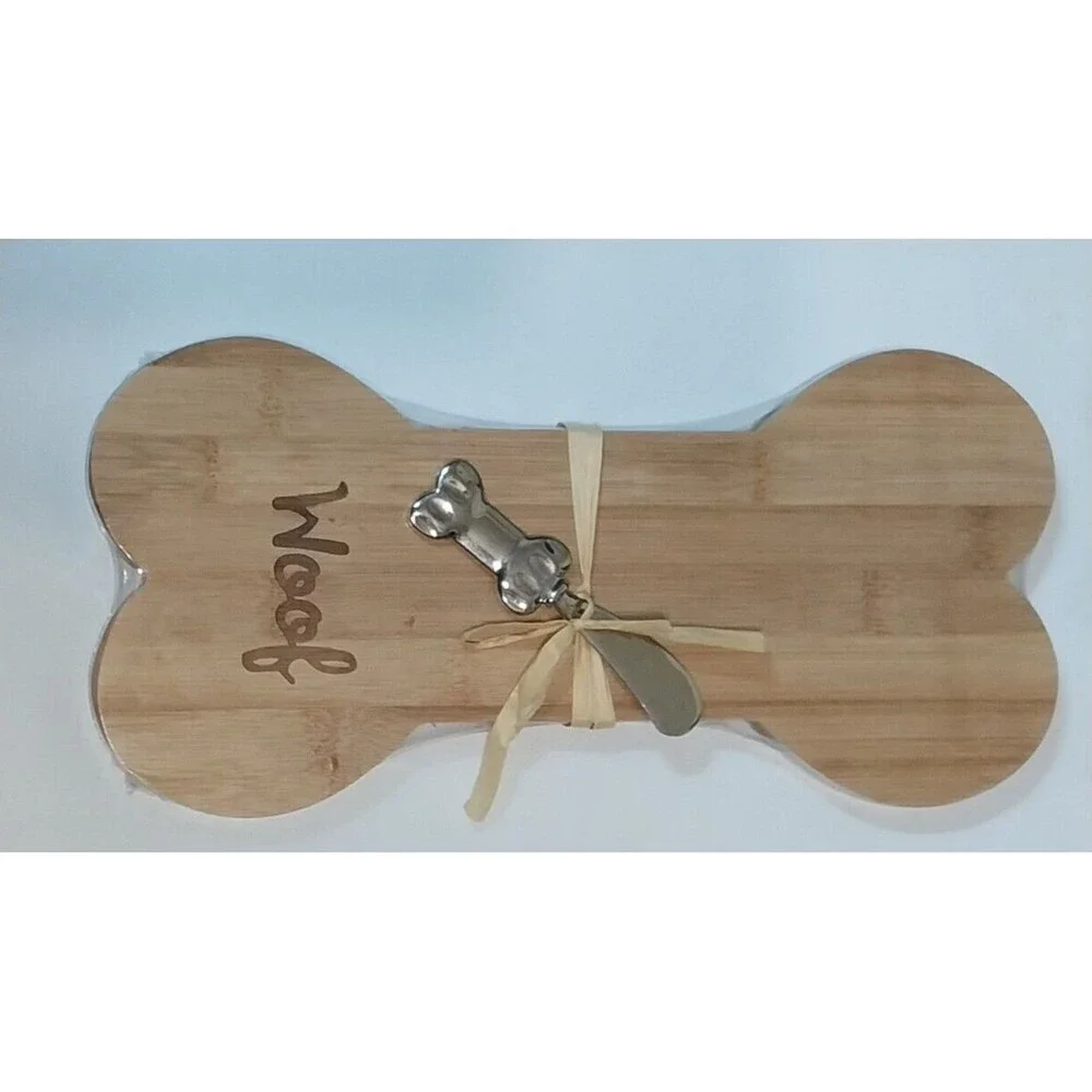 Dog Bone Shaped Natural Wood Cheese Cutting Board and Knife